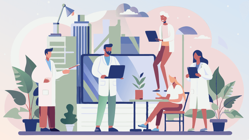 Care team collaborating with AI assistants