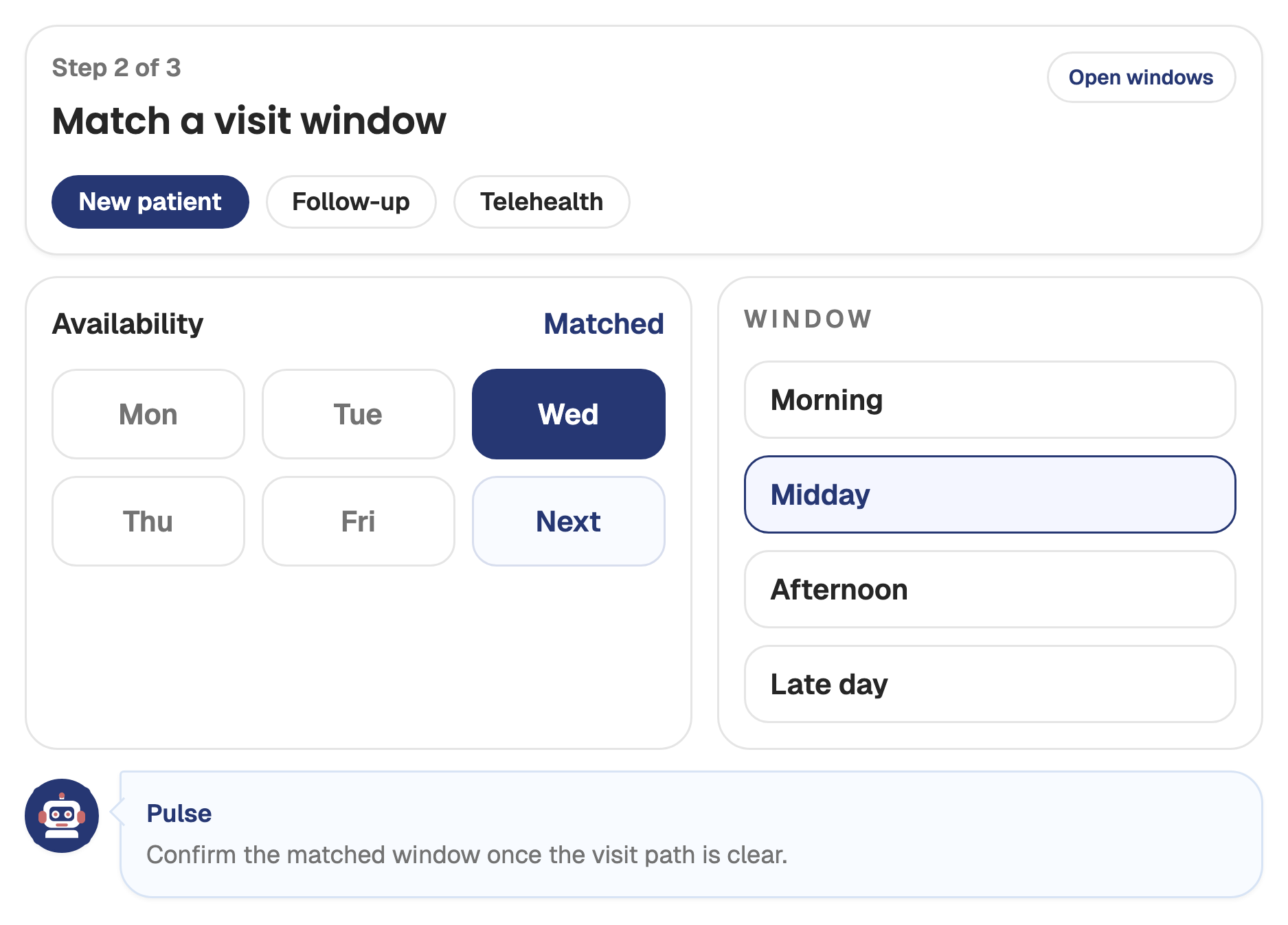 Screenshot of the Wattson booking workflow with visit window matching